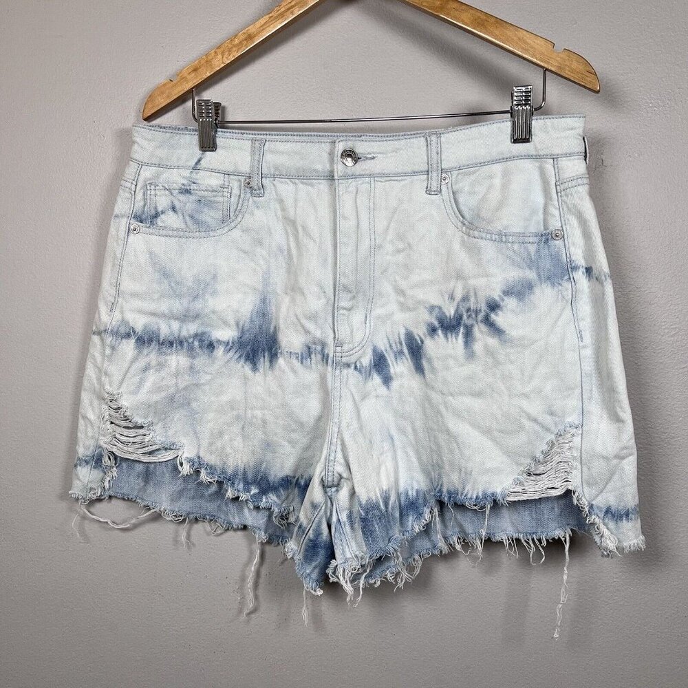 American Eagle Highest Waist Mom Shorts Faded Blue Frayed Hem Women’s Size 14